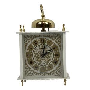 VTG PBM Yugoslavia Bell Alarm Clock Roman Numeral White Gold 1960s Windup Analog